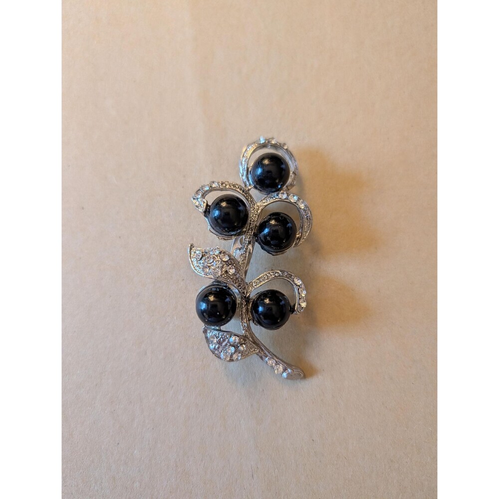 Vintage Silver Tone Black Cabochon & Rhinestone Floral Brooch